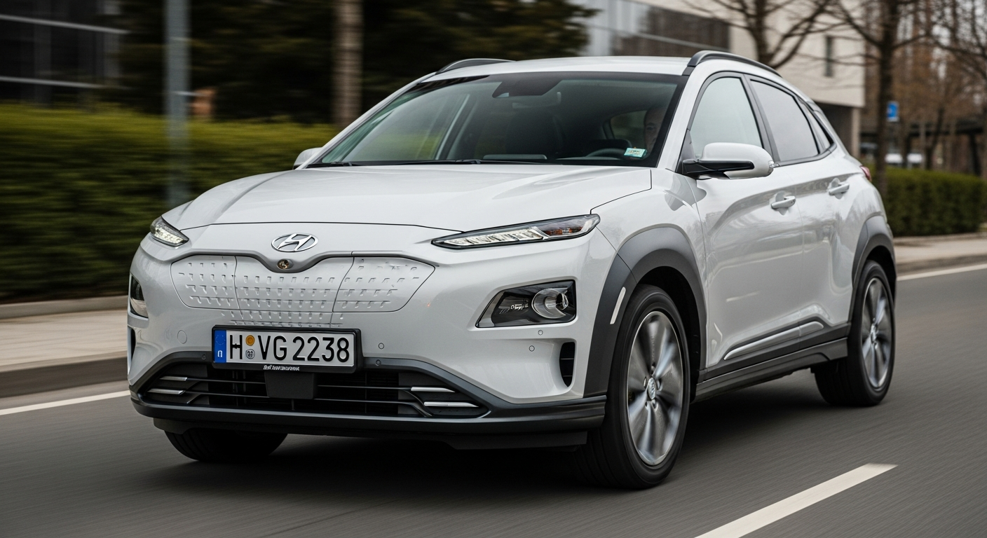 Front view of a sleek Hyundai Kona Electric SUV driving on an urban road, showcasing its pixelated light bar.
